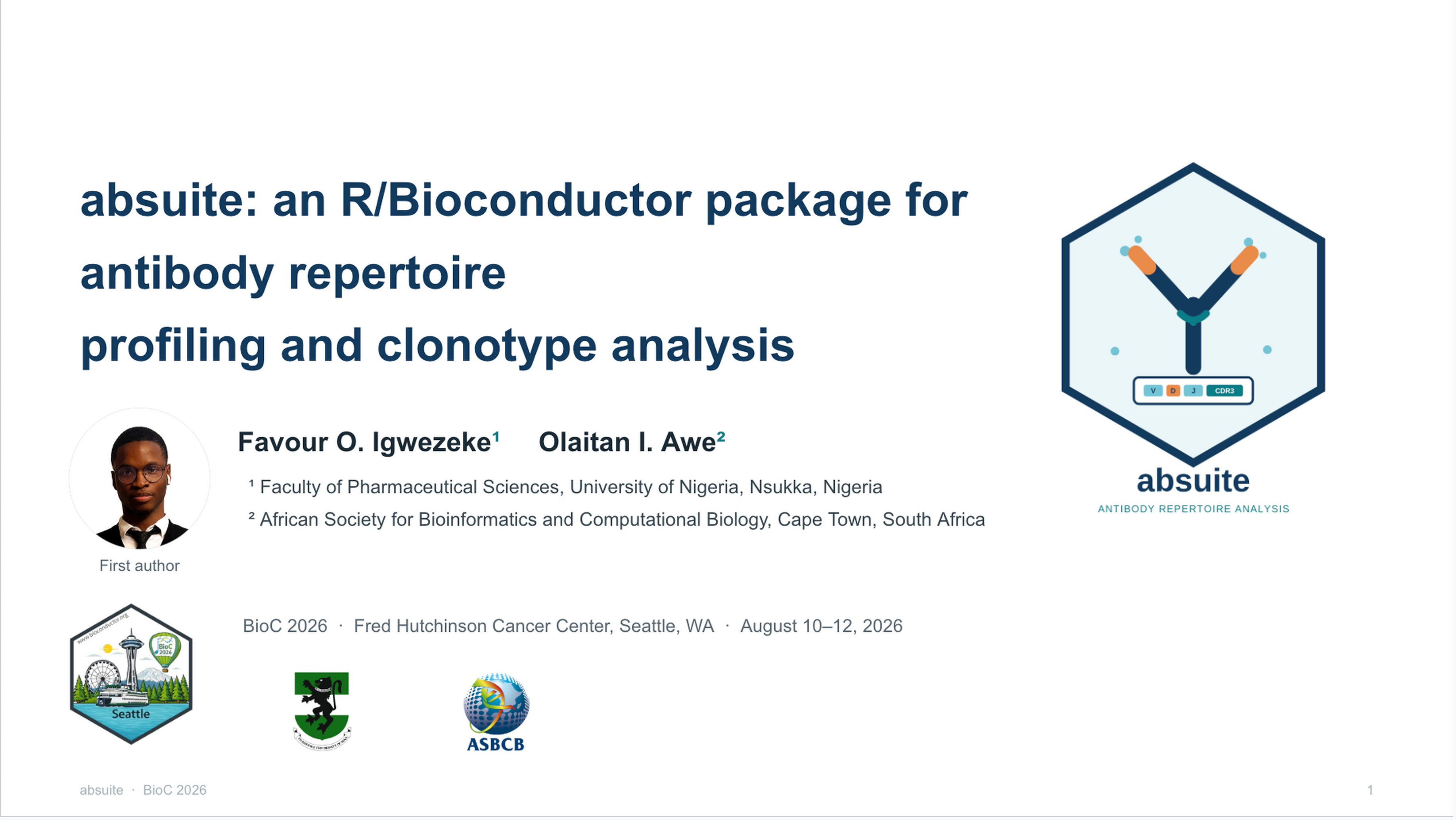Title slide for the absuite short talk at BioC2026