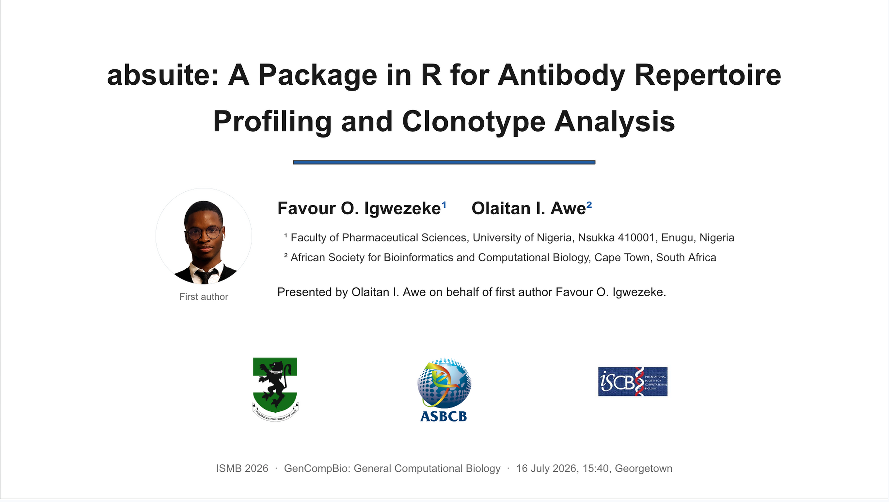 Title slide for the absuite oral presentation at ISMB 2026