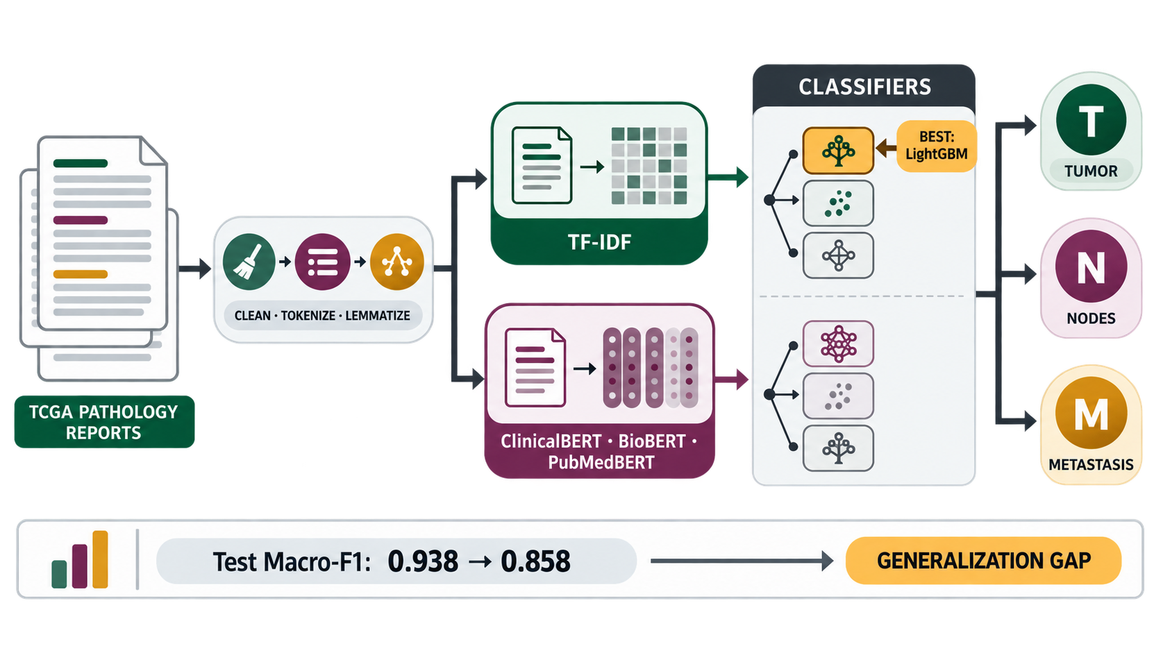 Framework for predicting independent tumor, node, and metastasis stages from TCGA pathology reports